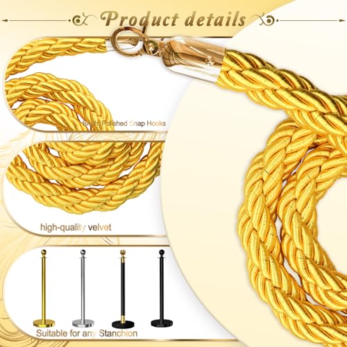 4PCS Gold Barrier Stanchion Rope 5 Ft Crowd Control Ropes Barrier with Gold Hooks for Party - color: Braided-Gold&Gold, size: 4PCS