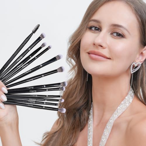 Bueart Design 12Pcs Professional Eyeshadow Makeup Brush Set | Eye Makeup Brush set with Ultra-soft Synthetic Bristle for Eyeshadow Concealer Smudger Blending,Shading,Wood Handle,Black