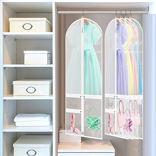 6 Pcs 24'' x 50'' Clear PVC Garment Bag Dance Costume Competition Bag with Rack Zippers Pockets Hanging Garment Covers Costume Organizer Costume Carrier for Adults Kids(White) - color: White