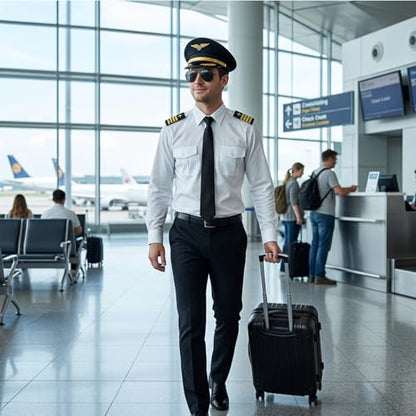 4PCS Pilot Costume Set, Pilot Hat and Aviation Accessories for Role Play, Complete Pilot Outfit with Sunglasses and Tie, Nylon Material for Comfortable Wear, Costume Party and Themed Events Black