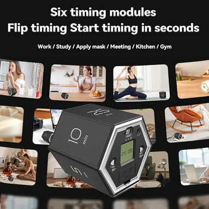 HomeBeyond Hexagon Flip Timer, Cube Countdown Clock with LCD Digital Display, Magnetic Suction, Mute Alarm Modes, Ideal for Study, Office, Gym, Kitchen, Black