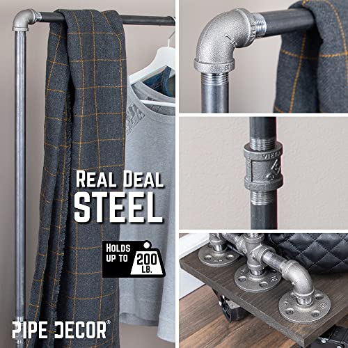 PIPE DECOR 36” x 11 ½” x 59 ½” Rolling Steel Pipe Clothing Rack with Wood Shelf, Commercial or Residential Industrial Clothes Display, Heavy Duty Black Steel Metal Wheeled Garment Frame - size: 36 in. x 59 in.
