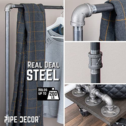 PIPE DECOR 36” x 11 ½” x 59 ½” Rolling Steel Pipe Clothing Rack with Wood Shelf, Commercial or Residential Industrial Clothes Display, Heavy Duty Black Steel Metal Wheeled Garment Frame - size: 36 in. x 59 in.
