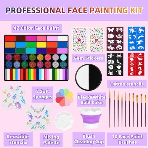 42 Color Face Painting Kit with B&W Palette,Professional Non Toxic Water Activated Face Paint Palette with Stencils,Brushes,Gems&Sponges,For Halloween, Christmas,Cosplay, Party, Carnival & Festival