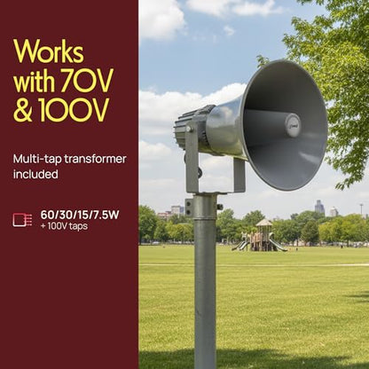 Indoor Outdoor PA Horn Speaker - 12.7 Inch 60 W Compact Loud Sound Megaphone w/ 400Hz-5KHzz Frequency, 16 Ohm, 70V/100V Transformer, Mounting Bracket Hardware, For 70V/100V Audio System - Pyle PHSP12 - style: Classic