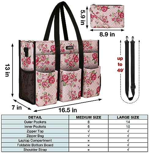 IBFUN Utility Tote Bag with 24 Pockets, Large Teacher Travel Tote for Women - color: C7-l-pink Flower, size: Large