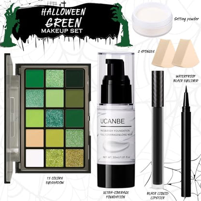 UCANBE Halloween Makeup Kit – 15-Color Green Eyeshadow Palette, White Liquid Foundation, Black Liquid Lipstick & Eyeliner, Setting Powder & Sponges Makeup Set for SFX Cosplay Costume Witch Monster - color: Green Makeup Kit
