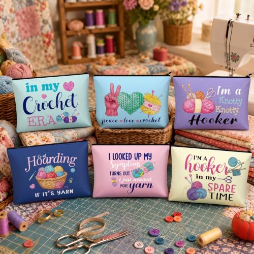 Reginary 12 Pcs Funny Crocheting Gifts for Crocheter Crochet Makeup Bags | Crochet Knitting Gifts, Crochet Accessories Cosmetic Bag, Travel Zipper Pouch, Christmas Friendship Birthday Gifts for Women - style: Crochet
