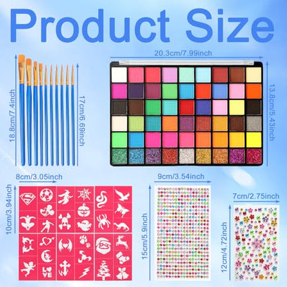 Face Painting Kit , 54 Color Professional Face Painting Kits for kids with 10 Brushes and Stencils, Kids Face Painting Kit Non Toxic Washable Face Paint Makeup Kit for Kids