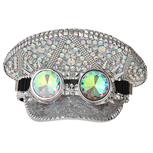 GRACEART Women's Burning Man Sequin Hat Mucis Festival Military Captain Hats Steampunk Caps with Goggles - style: Style-16(with Goggle)