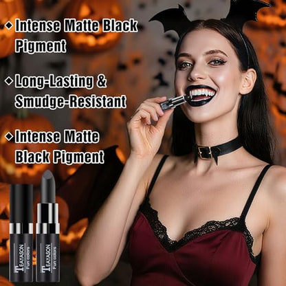 Vampire Makeup Set – Professional Fake Teeth Kit with Washable Fake Blood, Realistic vampire teeth, Black Lipstick, Halloween SFX Makeup Set for Vampire Costumes, Theatre,Cosplay - color: Black #2