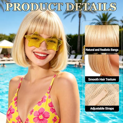 Short Bob Straight Hair Wigs with Bangs, Heat Resistant Fiber Hair, Star-shaped Glasses for Women (Light Gold) - color: Light Gold