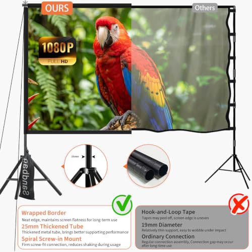 Wootfairy 120inch Projector Screen with Stand Portable Indoor Outdoor Use | Foldable Anti-Crease 16:9 4K HD Front Rear Washable Projection Movie Screen with Carry Bag for Home Theater Backyard Camping - size: 120 inch-25mm