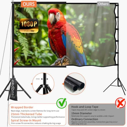 Wootfairy 120inch Projector Screen with Stand Portable Indoor Outdoor Use | Foldable Anti-Crease 16:9 4K HD Front Rear Washable Projection Movie Screen with Carry Bag for Home Theater Backyard Camping - size: 120 inch-25mm