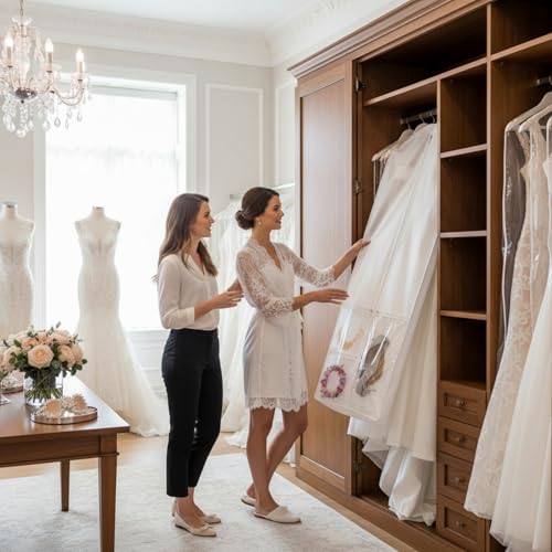 72" Long Wedding Dress Garment Bag with 10" Gusset, Bridal Gown Storage Cover with 4 Pockets, Dress Bag for Women Gowns,Prom,Ballgowns,White (72" x 24" x 10") - color: White and Clear