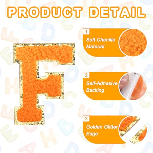 MECCANIXITY Chenille Letter Patches 2.2" Self Adhesive Alphabet F Stick on Embroidered Patch Sew on Letter Stickers Applique for Repairing Clothing Jeans Shoes Hats DIY(Orange, Pack of 2) - style: Letter-F