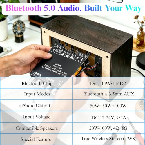 ZK-TB21 Bluetooth Amplifier Board, 2.1 Channel 50W×2 + 100W Subwoofer | Class D Audio Amp Module with Dual TPA3116D2 HiFi Chips, Treble & Bass Control, AUX Input, DC 12-24V for DIY Speakers - color: ZK-TB21