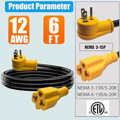 Waterproof 6Ft 15 Amp Household to 20 Amp AC Power Adapter Cable | 12/3 Outdoor Extension Cord Flat Plug,[4 in 1] NEMA 5-15P to 5-15R, 5-20R, 6-15R, 6-20R T Blade,125V AC Extension Cord - size: 6ft Extension cord
