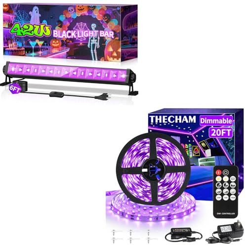 THECHAM 42W Black Light Bar+20ft Black Lights Strip with Remote for Glow Party, Fluorescent Poster, Body Paint, Birthday, Halloween, Bedroom, Classroom