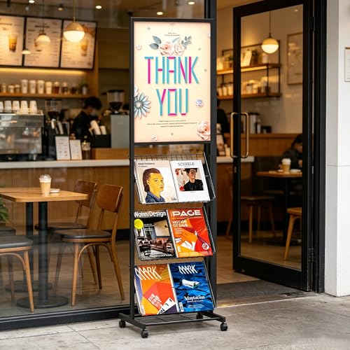 lesolar 4-Tier Floor-Standing Magazine Rack with Poster Board Stand | Metal Magazine Rack with Wheels, Newspaper Holder, Brochure Display Stand, Poster Sign Holder for Exhibitions Store Business