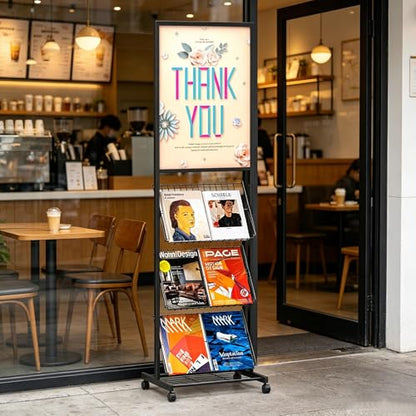 lesolar 4-Tier Floor-Standing Magazine Rack with Poster Board Stand | Metal Magazine Rack with Wheels, Newspaper Holder, Brochure Display Stand, Poster Sign Holder for Exhibitions Store Business