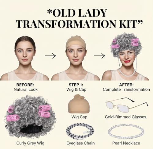 MAQIHAN Old Lady Wig Costume Set - Gray Granny Wig with Rollers Glasses | Funny Grandma Cosplay Accessories with Pearl Necklace for Women, Halloween 100th Day of School Party Theater Dress Up - color: Light Grey