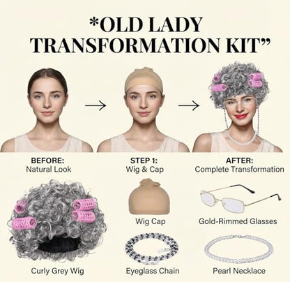 MAQIHAN Old Lady Wig Costume Set - Gray Granny Wig with Rollers Glasses | Funny Grandma Cosplay Accessories with Pearl Necklace for Women, Halloween 100th Day of School Party Theater Dress Up - color: Light Grey