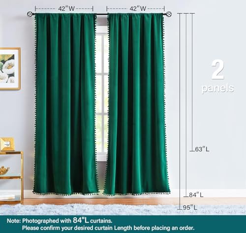 Green Pom Pom Velvet Curtains for Living Room Christmas 2"x 63" 2pcs Kids - color: Pom Pom- Green 2, size: 42"W x 63"L (Pack of 2)