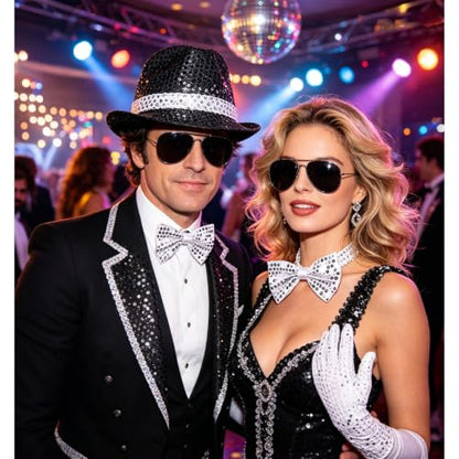 7PCS Pop Star Costume 70s 80s Disco Rock Super Star Dance Cosplay Accessories - Gloves Hat Sunglasses Tie Sequin Strap - color: Black