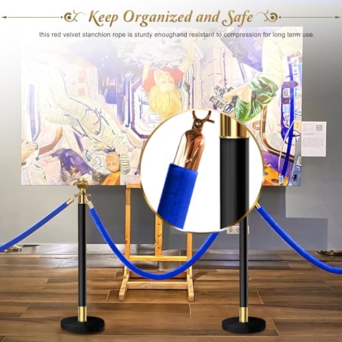 4PCS Blue Velvet Stanchion Rope 5 Ft Crowd Control Ropes Barrier with Gold Hooks for Party - color: Blue&Gold, size: 4PCS