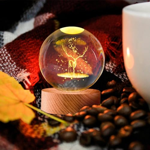 Flexzion 3D Elk Crystal Ball Night Light - LED Light Hologram Glass Lamp with Solid Wood Base, USB Powered Crystal Ball Lamp with Adjustable Brightness for Home Decor Display Gift, 2.4inch(60mm) | Elk Lamp with Solid Beech Wood Base and Adjustable Brightn
