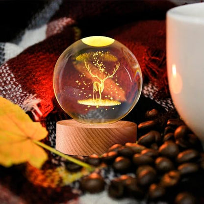 Flexzion 3D Elk Crystal Ball Night Light - LED Light Hologram Glass Lamp with Solid Wood Base, USB Powered Crystal Ball Lamp with Adjustable Brightness for Home Decor Display Gift, 2.4inch(60mm) | Elk Lamp with Solid Beech Wood Base and Adjustable Brightn