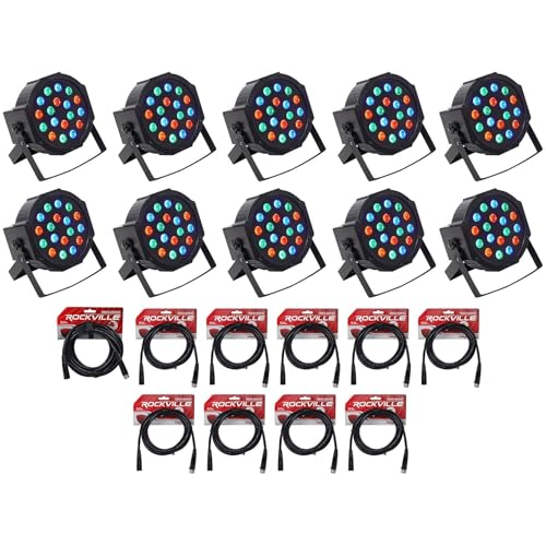 Rockville RockPAR50 Bundle: (10) LED RGB Compact Par Can DJ/Club DMX Wash Lights with Dual Bracket, RDX3M25 25 Foot 3 Pin DMX Cable, (9) RDX3M10 10 Foot 3 Pin DMX Cables, 20-Items