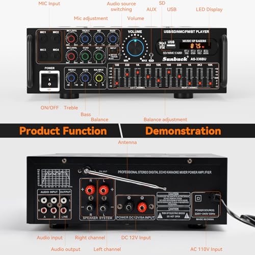 2000W Stereo Audio Amplifier for Home Theater, Car Audio, Karaoke, Party, Outdoor Camping with Multiple Input Modes EQ Mixer, Mic Input, Remote Control, 2.0 Channel