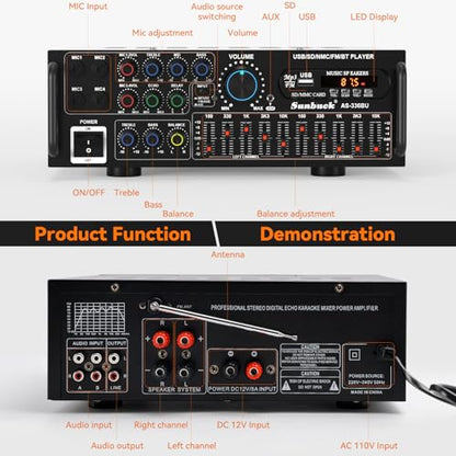 2000W Stereo Audio Amplifier for Home Theater, Car Audio, Karaoke, Party, Outdoor Camping with Multiple Input Modes EQ Mixer, Mic Input, Remote Control, 2.0 Channel