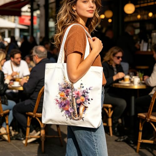 Aesthetic Music Floral Tote Bag for Women, Reusable Canvas Bag with Musical & Botanical Design, Daily Use Gift - color: White-music-007