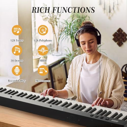 GarveeLife 88 Key Keyboard Piano, Full-Size Electric Keyboard Piano for Beginners, Portable Electric Piano with Sustain Pedal, Headphones, Handbag, Bluetooth, USB MIDI - style: without Stand