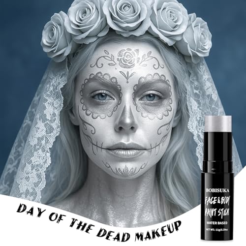 BOBISUKA Metallic Silver Face Paint Stick, Highly Pigmented Full Coverage Washable Cream Face & Body Paint for Halloween Skull Goth Robot Galaxy Cosplay SFX, Sports Eye Black Looks & Costume Party - color: Silver