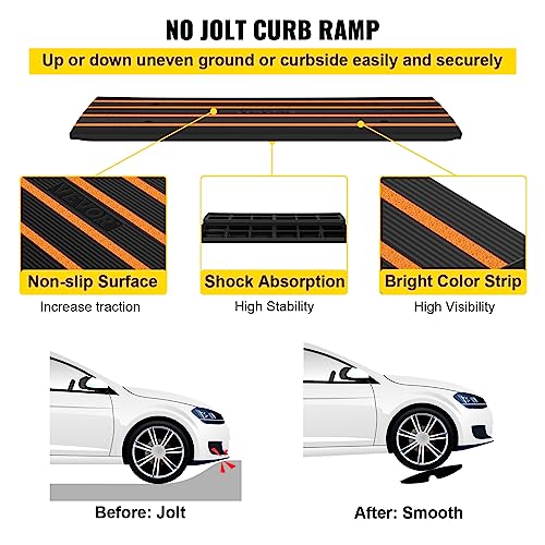 VEVOR Rubber Curb Ramps for Driveway, 2 Pack Threshold Bridge, 33069 lbs Load Capacity, 2.5" Rise, with Reflective Safety Strips, Ideal for Cars, RVs, Scooters and Motorcycles to Prevent Car Scraping | Rubber Curb Ramps with Reflective Safety Strips, Prev