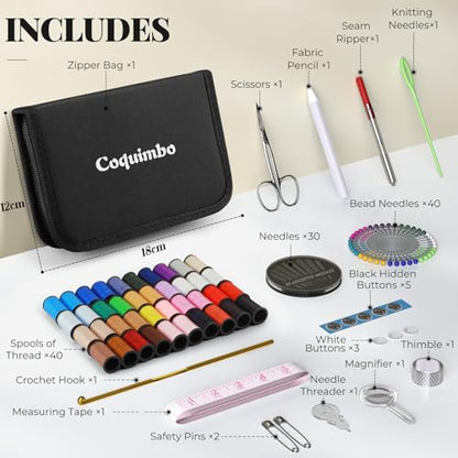 Coquimbo Sewing Kit Christmas Gifts for Grandma, Mom, Traveler, Adults, Beginner, Emergency, DIY Sewing Supplies Organizer Filled with Scissors, Thread, Sewing Needles, Tape Measure etc (Black, L) | Christmas Gifts for Grandma, Mom, Traveler, Needle and T