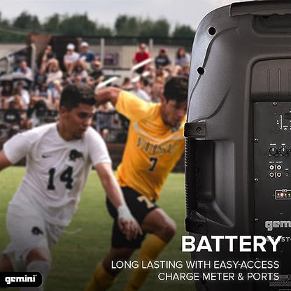 Gemini 15" Battery Bluetooth PA Speaker, 500 Watts (AS-15TOGO) | 15" battery PA, 5-8 hr, car charger - Bluetooth, USB, SD, FM, AUX - mic & guitar inputs, echo - size: 15 in
