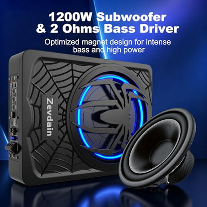 1200w subwoofer,Under Seat Subwoofers with Amp(Class D MOSFET Amp) | Slim Under Seat Powered Car Subwoofer,Underseat Car Subwoofer and Amp Package,Truck Sub and Amp Combo(Blue LED)