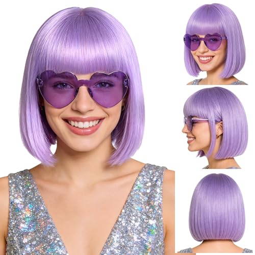 Short Bob Straight Hair Wigs with Bangs, Heat Resistant Fiber Hair, Heart-shaped Glasses for Women (Pink-Purple) - color: Pink-Purple