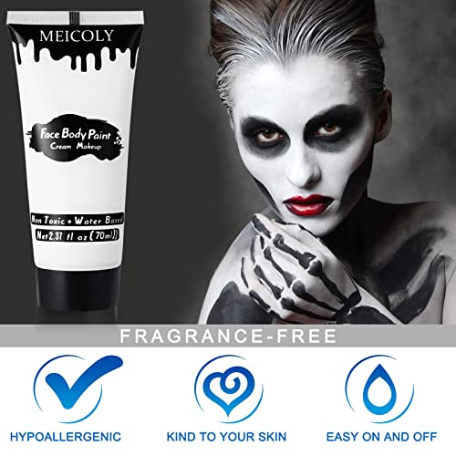MEICOLY White Cream Face Body Paint,2.37Oz Large Tube Clown White Makeup,Water Based Full Body Paint for Adults and Kids,Halloween SFX Skull Joker Zombie Vampire Skeleton Goth Cosplay Mime Makeup - color: white face body paint