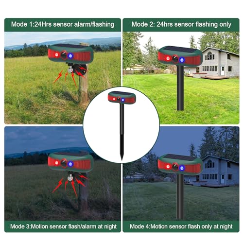 Solar-Powered Motion Security Alarm: 129dB Loud Siren & Red-Blue Strobes, 4 Modes Deters Deer/Cats/Raccoons Waterproof Dual Mount for Yard/Garden/Farm