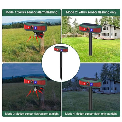 Solar-Powered Motion Security Alarm: 129dB Loud Siren & Red-Blue Strobes, 4 Modes Deters Deer/Cats/Raccoons Waterproof Dual Mount for Yard/Garden/Farm