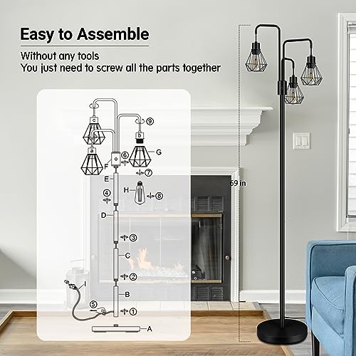 BoostArea Industrial Floor Lamp,Metal Diamond Lampshade,Modern Stand Up Lamp with 3 Light, Bulbs Not Included,Simple Design Floor Lamp for Bedroom, Living Room, Office, Kids Room, Reading - color: Diamond