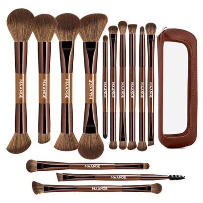 MAANGE 13 Pcs Foundation Makeup Brush Set With Bag, Make up Brushes, Double-End Multi Functional Makeup Brushes, Professional Face Brush Set Tools For Liquid Powder Concealer Cream Blush (Brown) - color: Brown
