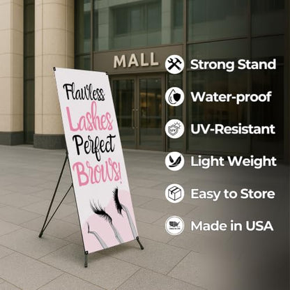DreamController Lashes & Brows X-Stand Banner by DC | 30"x65" Tripod Display | Flawless Lashes Perfect Brows Vertical Banner for Trade Shows & Events | Made in USA | (Stand Not Included) - color: Flawless Lashes Perfect Brows, size: X Banner - 30x65"