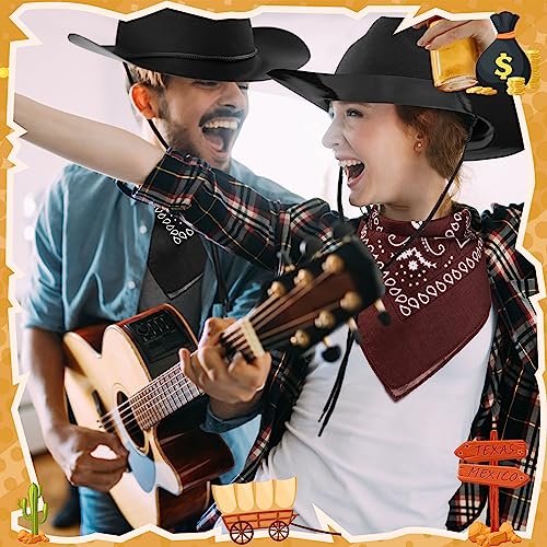 Hillban 48 Pack Cowboy Hats and Bandanas Set, Felt Plastic Cowgirl Hats for Women Men Cowboy Western Party Supplies (Black, Brown) - color: Black, Brown